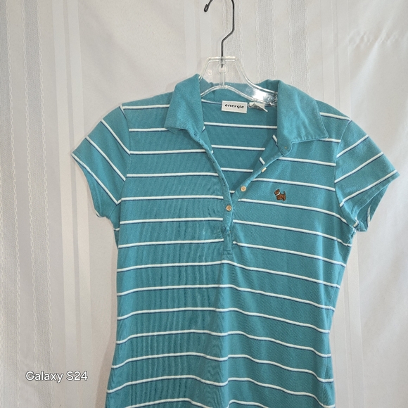 ENERGIE GIRLS TOP 3-BUTTON FRONT COLLAR SHORT SLEEVES TEAL WHITE STRIPE SIZE LG - Picture 2 of 10